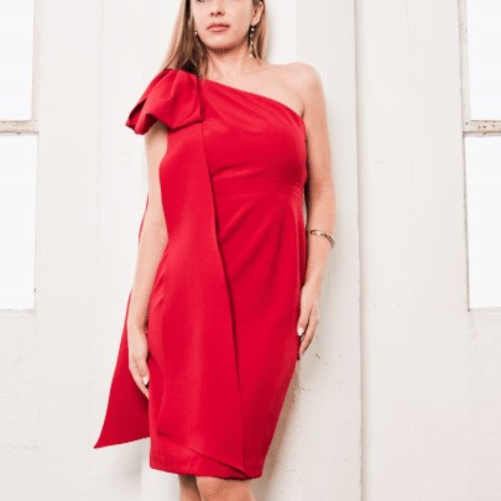 Red Bow Shoulder Cocktail Dress - Posh Couture